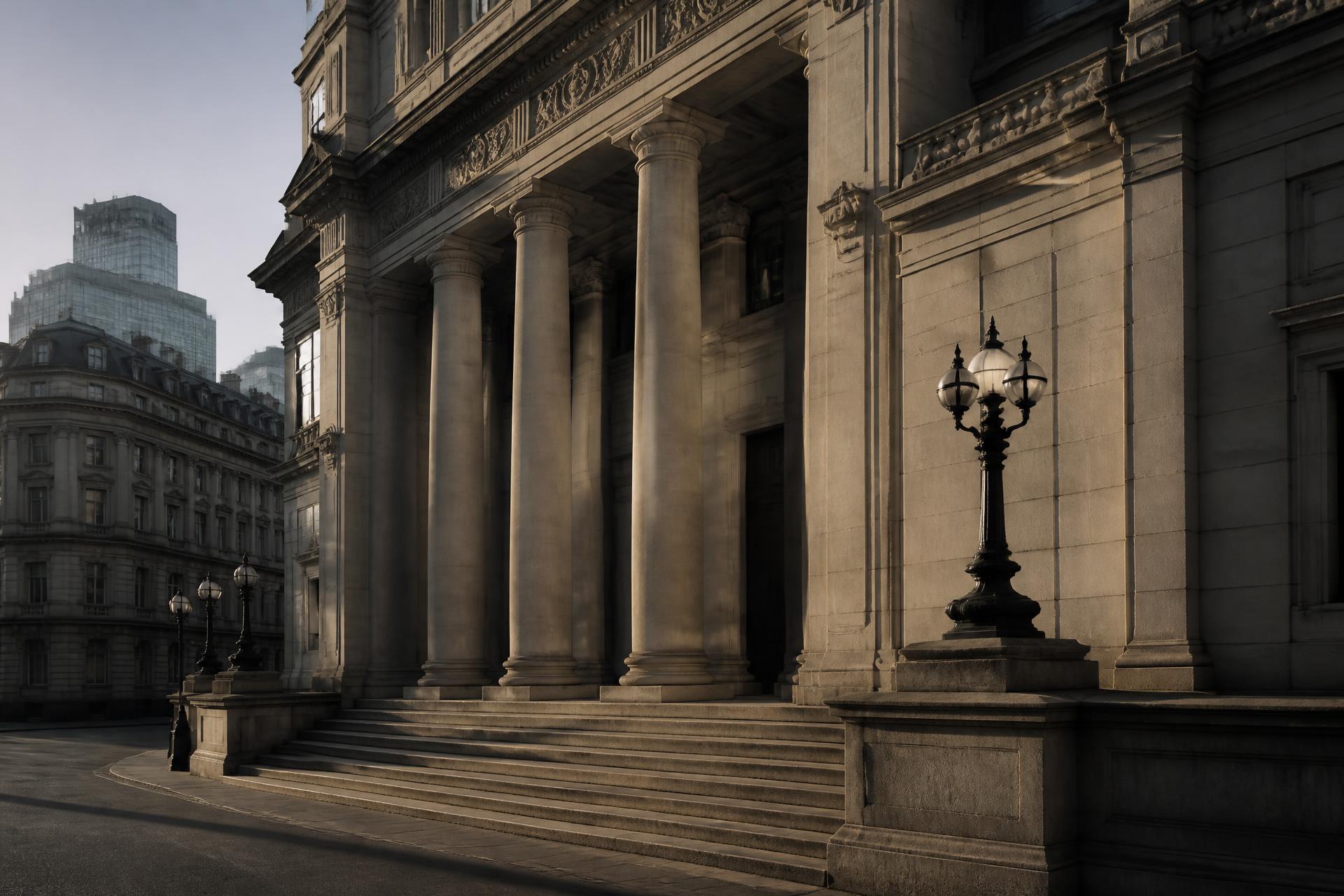 Classical European financial district architecture at dawn